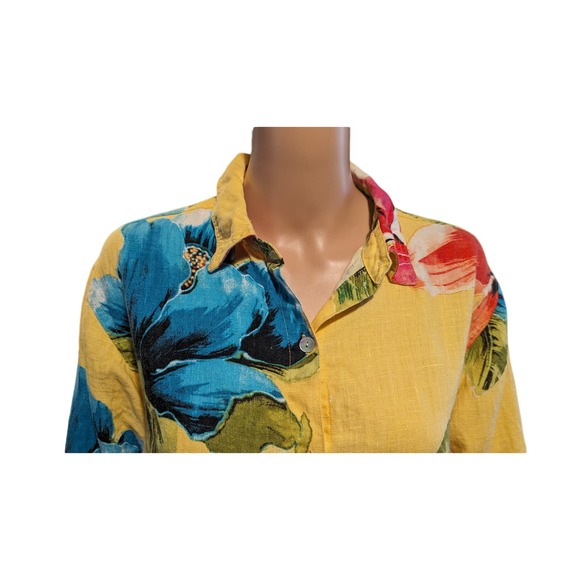 Chico's Size 1 (M) 100% Linen Shirt Yellow Floral Button Up FLAW - Picture 2 of 12